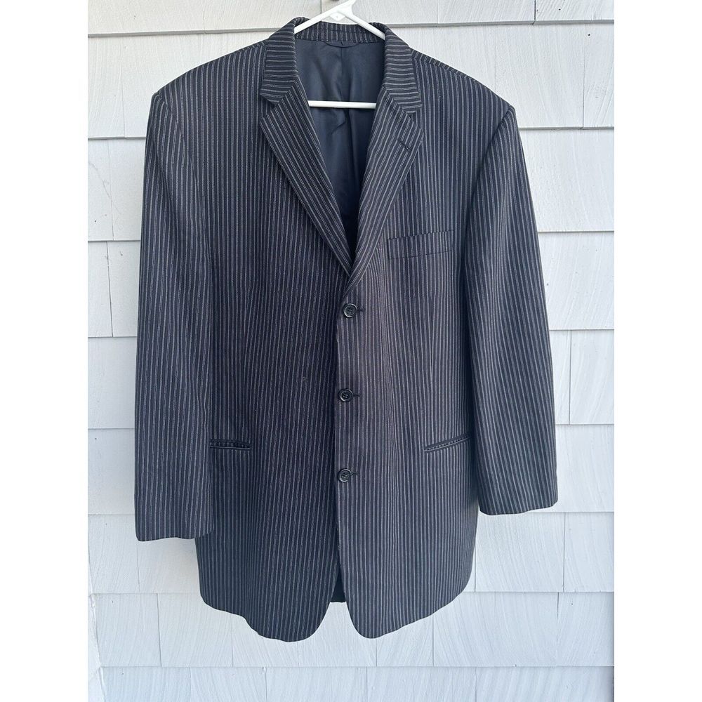 Burberry Mens‎ 48L Sport Coat Blazer Three Button Navy Blue Striped 100% Cotton